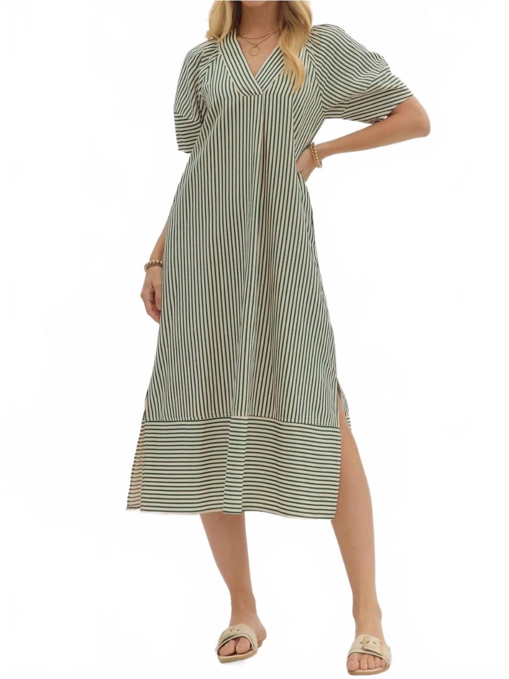 Entro Seersucker Midi Dress In Green, White Sz L